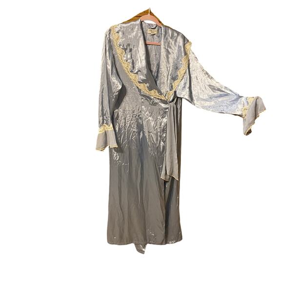 VTG Laura Ashley London 3-Piece Satin Lounge Set Robe Top Pants Blue Lace Large - Picture 3 of 15